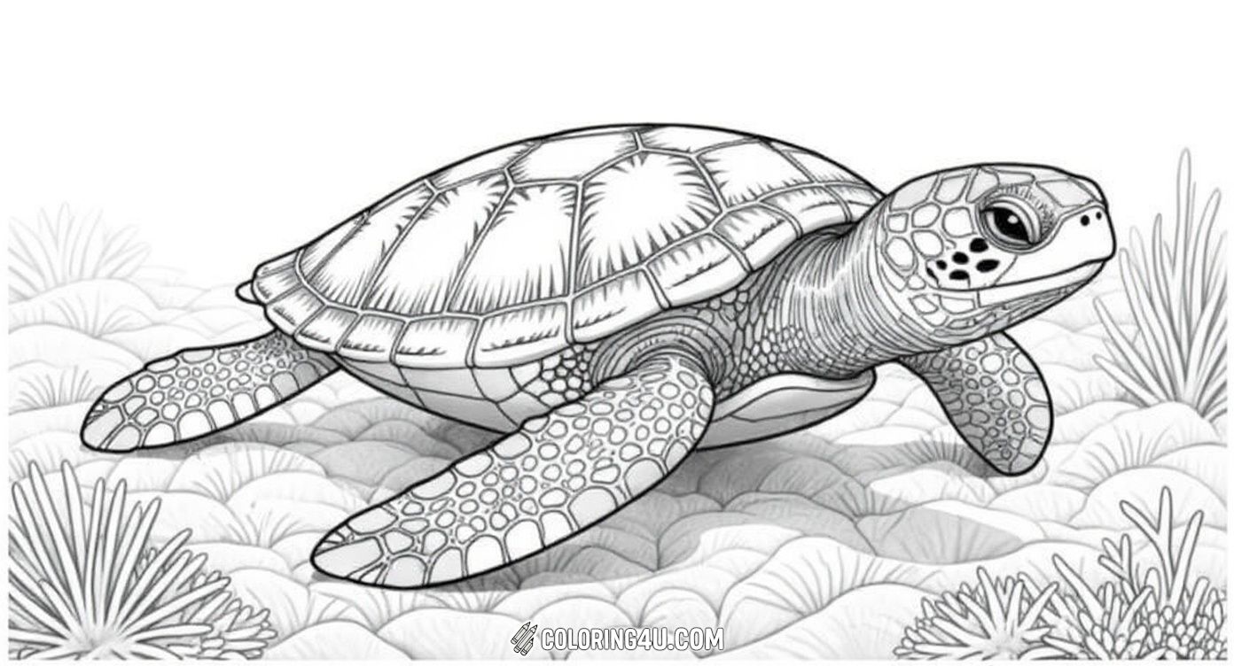 Dive into the ocean with this beautifully detailed coloring page of a realistic sea turtle swimming gracefully among coral reefs and tropical fish. Kids can enjoy adding vibrant colors to this underwater adventure!