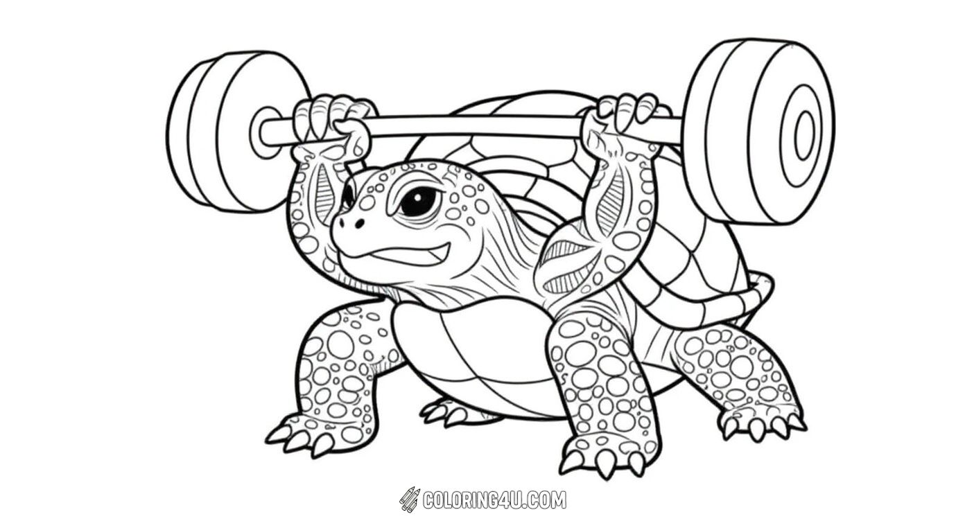 Get ready to color a super strong turtle lifting big weights in this fun and unique coloring page! This turtle shows off its muscles as it lifts dumbbells, inspiring kids to imagine a turtle with amazing strength and determination while they fill this lively scene with bright colors.