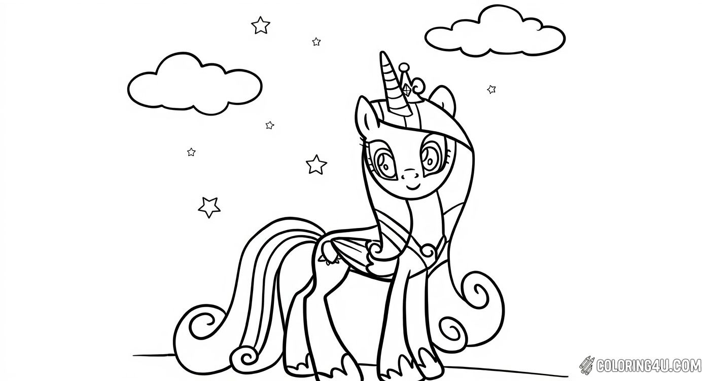 This enchanting coloring page presents Princess Twilight Sparkle from My Little Pony standing confidently with a crown on her head. Surrounded by stars and clouds, this magical scene invites children to use their imagination and color this majestic pony and her dreamy nighttime environment.