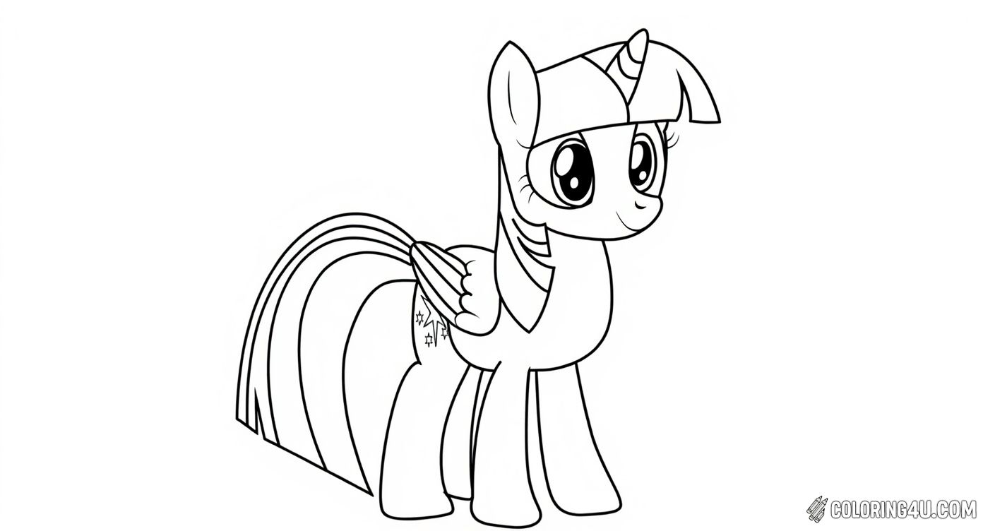 Here is a charming coloring page showcasing Twilight Sparkle from My Little Pony standing happily. With her wings slightly open and her signature star cutie mark visible, this image encourages kids to enjoy coloring the friendly and intelligent pony in vivid shades.