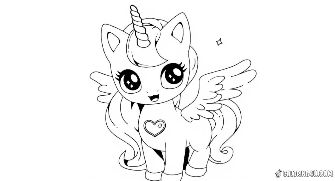 Adorable Kawaii Unicorn Cat Coloring Page