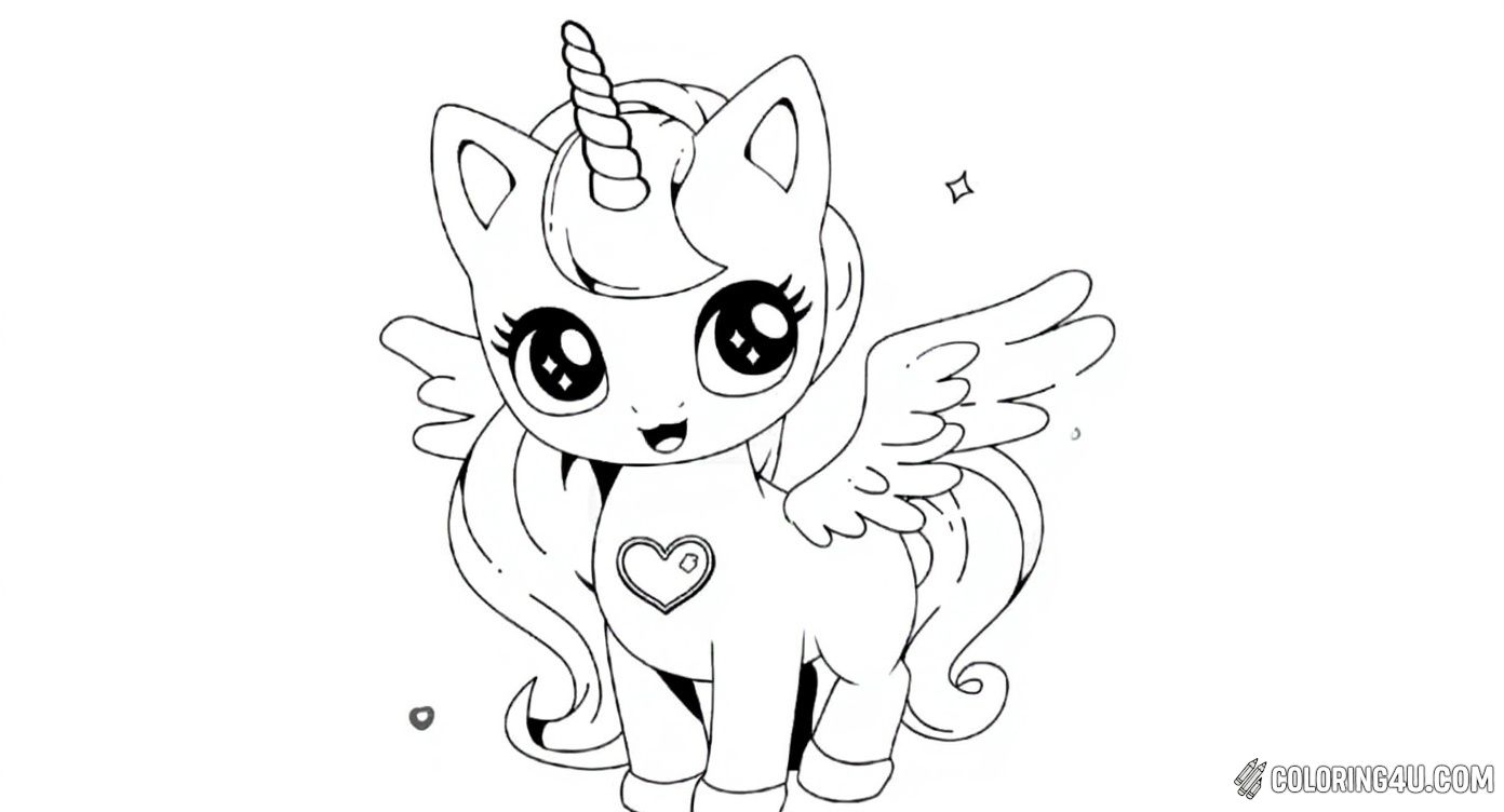 This cute coloring page features an adorable Kawaii-style unicorn cat with big sparkling eyes, a lovely heart on its chest, and majestic wings. Kids will enjoy bringing this whimsical creature to life with their favorite colors!