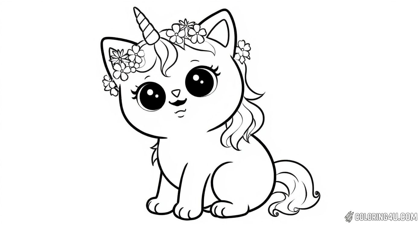 Enjoy coloring this playful unicorn cat happily lying down with a charming floral crown atop its head. Featuring a cheerful expression and a flowing unicorn tail, this image is perfect for kids who love mixing flowers and fantasy creatures in cheerful artwork.