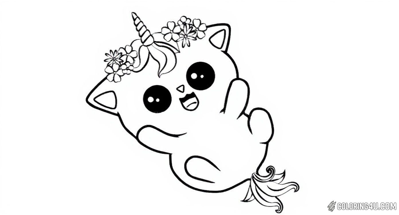 This delightful coloring page shows a playful unicorn cat lying on its back, wearing a beautiful flower crown around its horn and a flowing mane and tail. Its big round eyes and joyful expression invite kids to add vibrant colors and fun details.