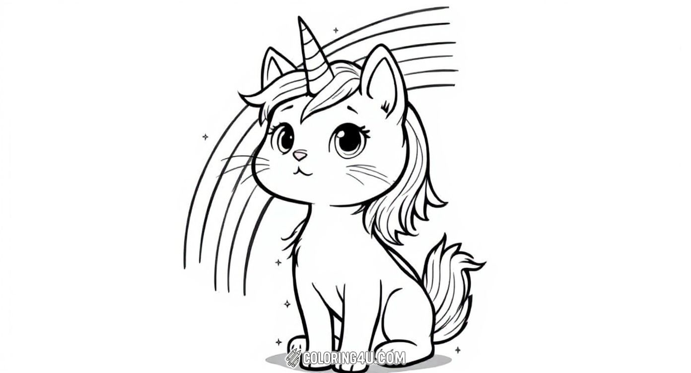 This adorable coloring page features a sweet unicorn cat sitting with a charming expression and a rainbow arching behind it. Kids will enjoy bringing this magical creature to life with their favorite colors, imagining a world full of sparkle and wonder.