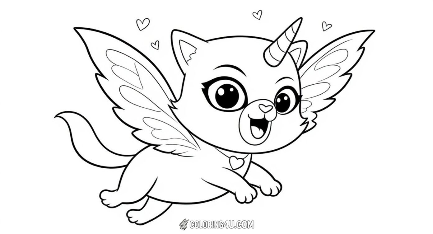 Get ready for a magical flight with this coloring page of a joyful unicorn cat soaring through the sky with butterfly wings, surrounded by floating hearts. Kids will love coloring this happy and whimsical creature as it spreads love and magic all around.
