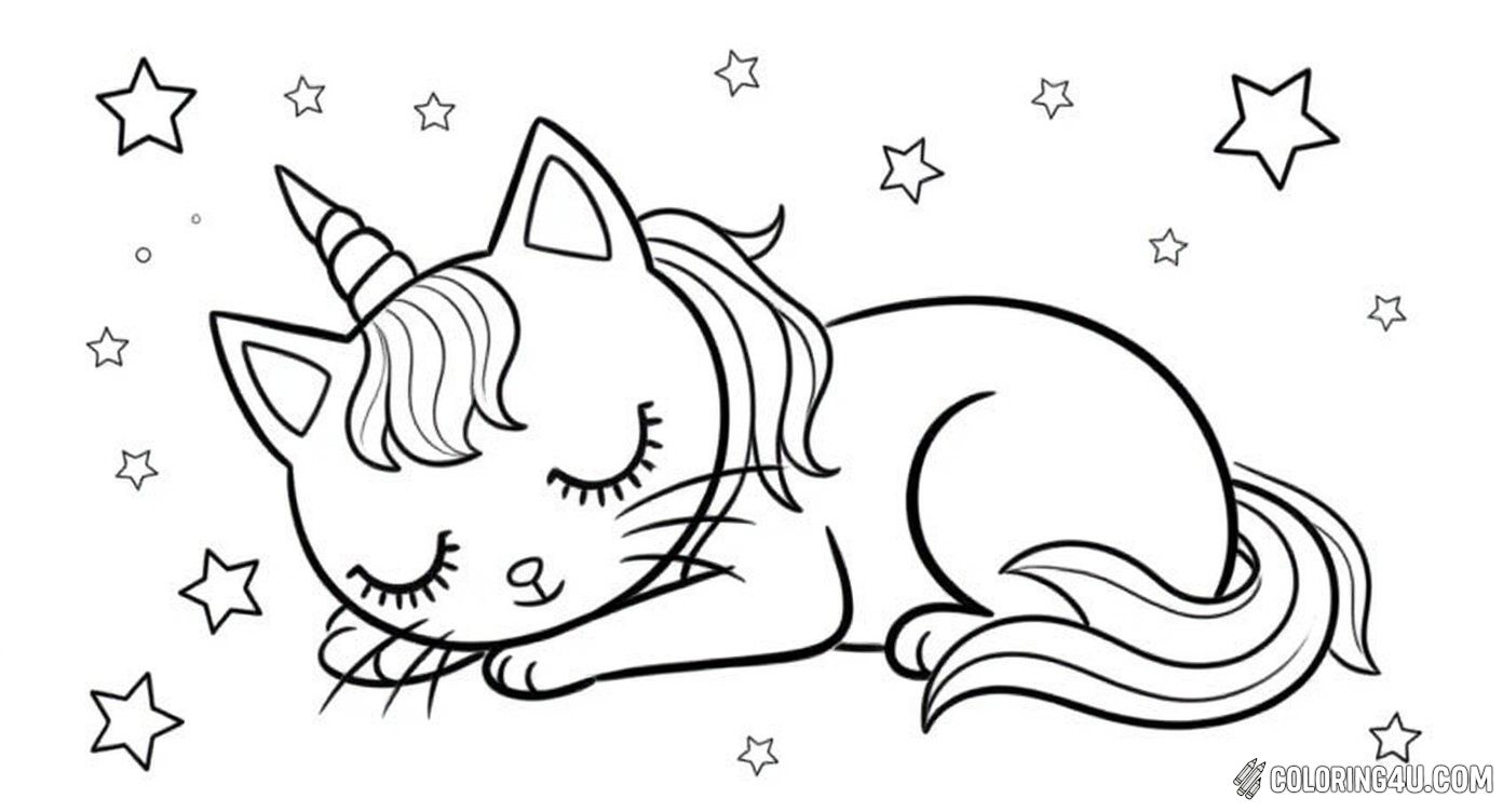Here's a peaceful and charming unicorn cat sitting calmly with closed eyes, a flower adorning its horn, and a luscious mane and tail. Surrounded by sparkling stars, this coloring page is perfect for kids to create a magical and serene scene.