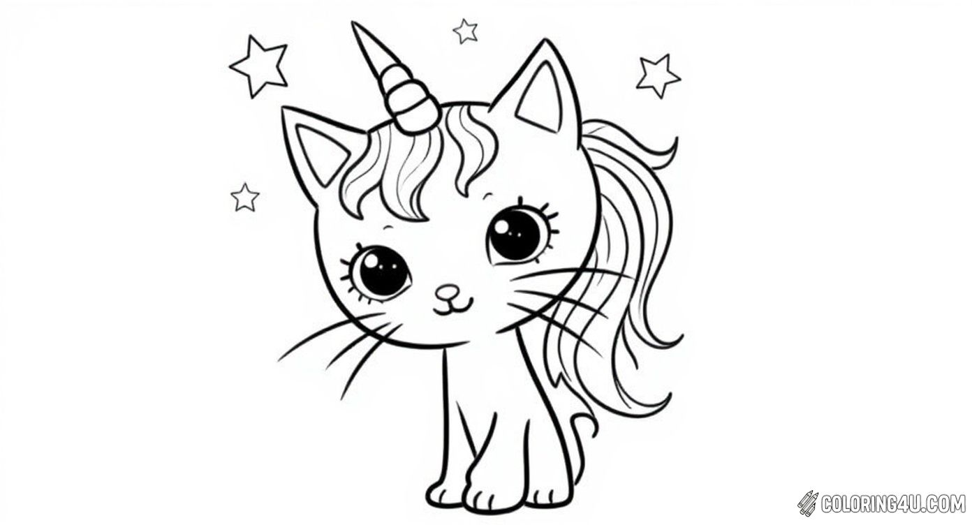 This sweet coloring page shows a smiling unicorn cat sitting calmly with closed eyes, surrounded by twinkling stars. With a unicorn horn and a flower in its mane, this gentle scene is perfect for kids who enjoy peaceful and magical coloring adventures.