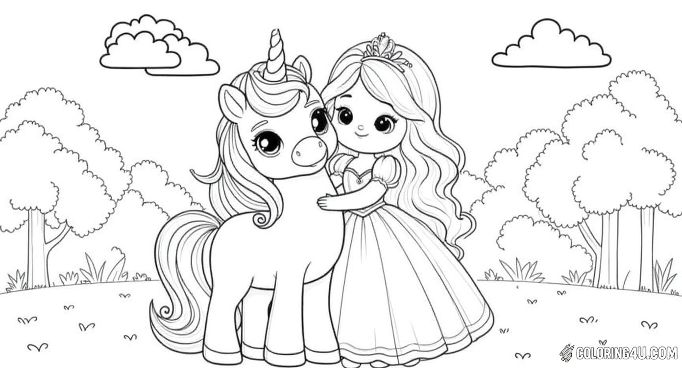 A heartwarming coloring page showing a sweet princess gently hugging her adorable unicorn friend in a beautiful garden filled with trees and clouds. This delightful scene invites children to explore their creativity as they add color to the charming characters and peaceful surroundings.