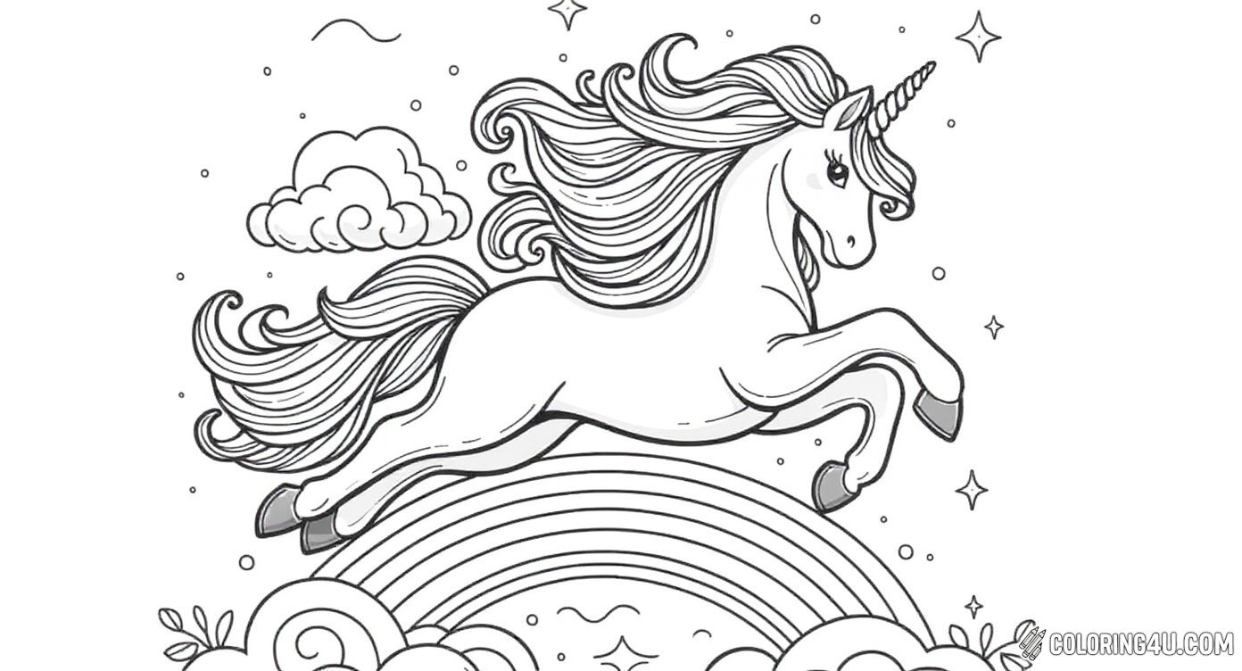 This enchanting coloring page features a majestic unicorn gracefully leaping over a vibrant rainbow surrounded by fluffy clouds and twinkling stars. Kids will love bringing this magical scene to life with their favorite colors, capturing the spirit of adventure and fantasy.