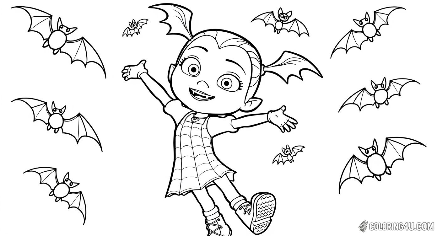This fun and lively coloring page features Vampirina from the Disney series, striking a joyful pose with arms spread wide. Flying bats surround her, adding a spooky yet friendly atmosphere. Kids will love bringing color to Vampirina's signature dress and her playful wings!