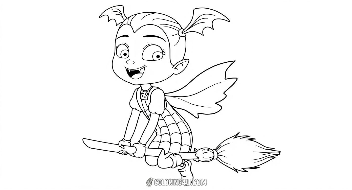 Take off on a magical journey with Vampirina as she flies joyfully on her broomstick. This exciting coloring page features Vampirina’s spirited smile and her iconic bat-wing hair ties, encouraging kids to add vibrant colors and imagine soaring through the spooky skies.