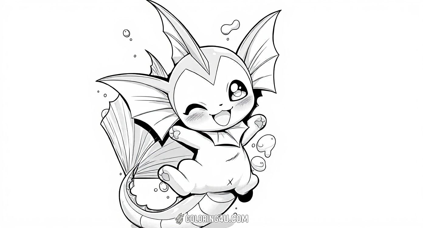 Dive into a world of fun with this adorable Vaporeon, the beloved water-type Pokémon! This playful character is captured mid-jump with a big wink and a cheerful smile, surrounded by bubbles. Kids can bring this joyful underwater friend to life with their favorite colors.