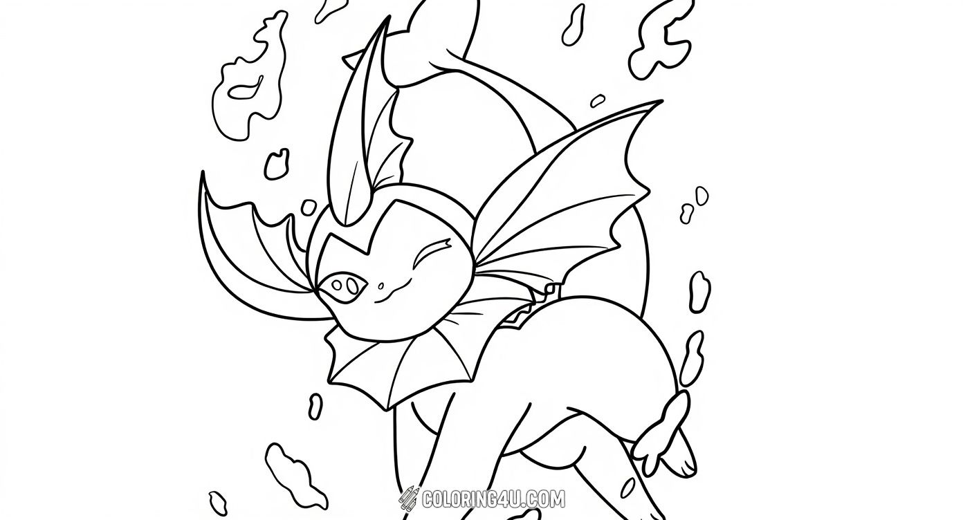 Get ready to color this sneaky Vaporeon blending into the water using its amazing camouflage abilities! This charming Pokémon is surrounded by water splashes, making it look like it's swimming gracefully underwater. Kids can enjoy adding vibrant blues and greens to make Vaporeon's watery world come alive.