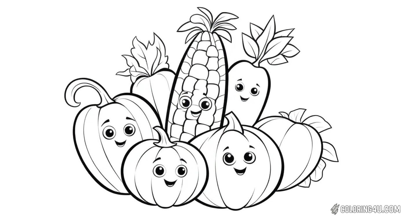 Smiling Cartoon Vegetables Coloring Page
