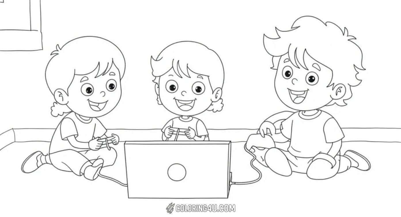 Join these happy kids as they enjoy playing video games together! This fun coloring page shows a boy and a girl excitedly holding game controllers, fully immersed in their gaming adventure. Perfect for kids who love gaming and friendship!