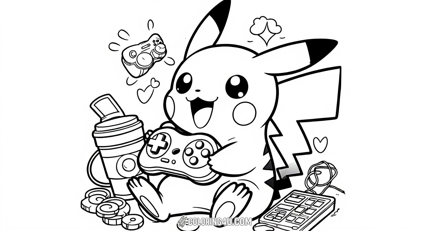 Color this adorable Pikachu having a great time playing video games! Pikachu is holding a game controller with a joyful expression, surrounded by game-related items. This playful scene is sure to delight fans of Pokémon and gaming alike.