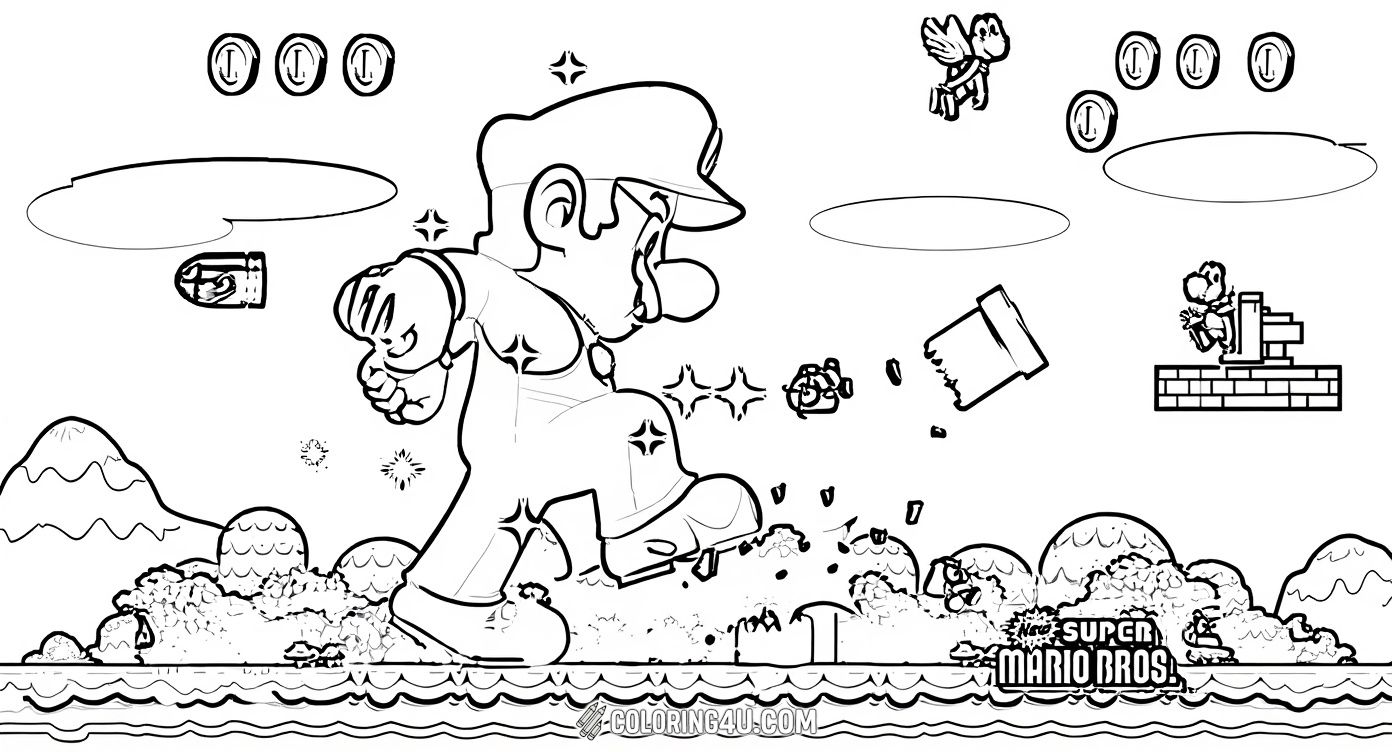Step into the exciting world of Super Mario Bros with this thrilling coloring page! Featuring Mario in mid-jump, dodging obstacles and collecting coins, this image captures the fun and adventure of the classic game. Perfect for fans of all ages to bring to life with colors!