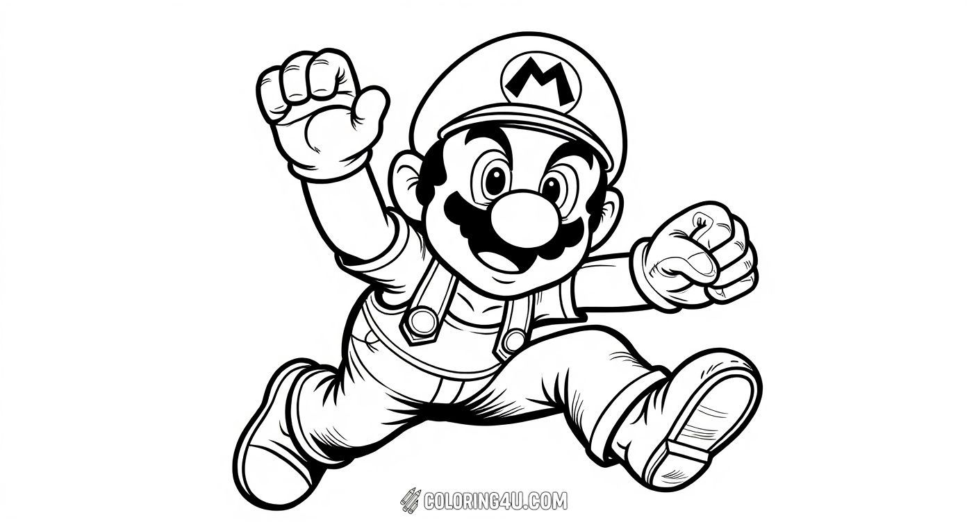 Join Mario, the beloved video game hero, as he soars through the air with determination and excitement! Kids can have fun coloring this dynamic image of Mario in action, complete with his iconic hat and overalls. It's a perfect way to bring the thrilling world of Super Mario to life with your favorite colors!