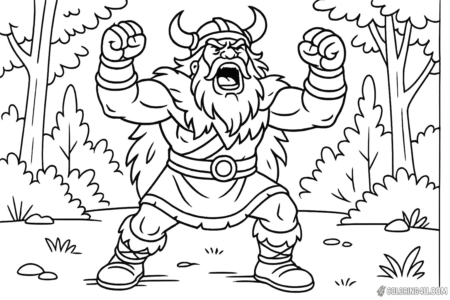 In this exciting coloring page, a fierce Viking berserker stands in a forest, muscles tensed and fists raised in a powerful roar. His wild beard and horned helmet add to his intimidating presence, while the lush trees and rocks create a vibrant backdrop. Kids can unleash their creativity by adding colors to this dynamic scene of strength and bravery.