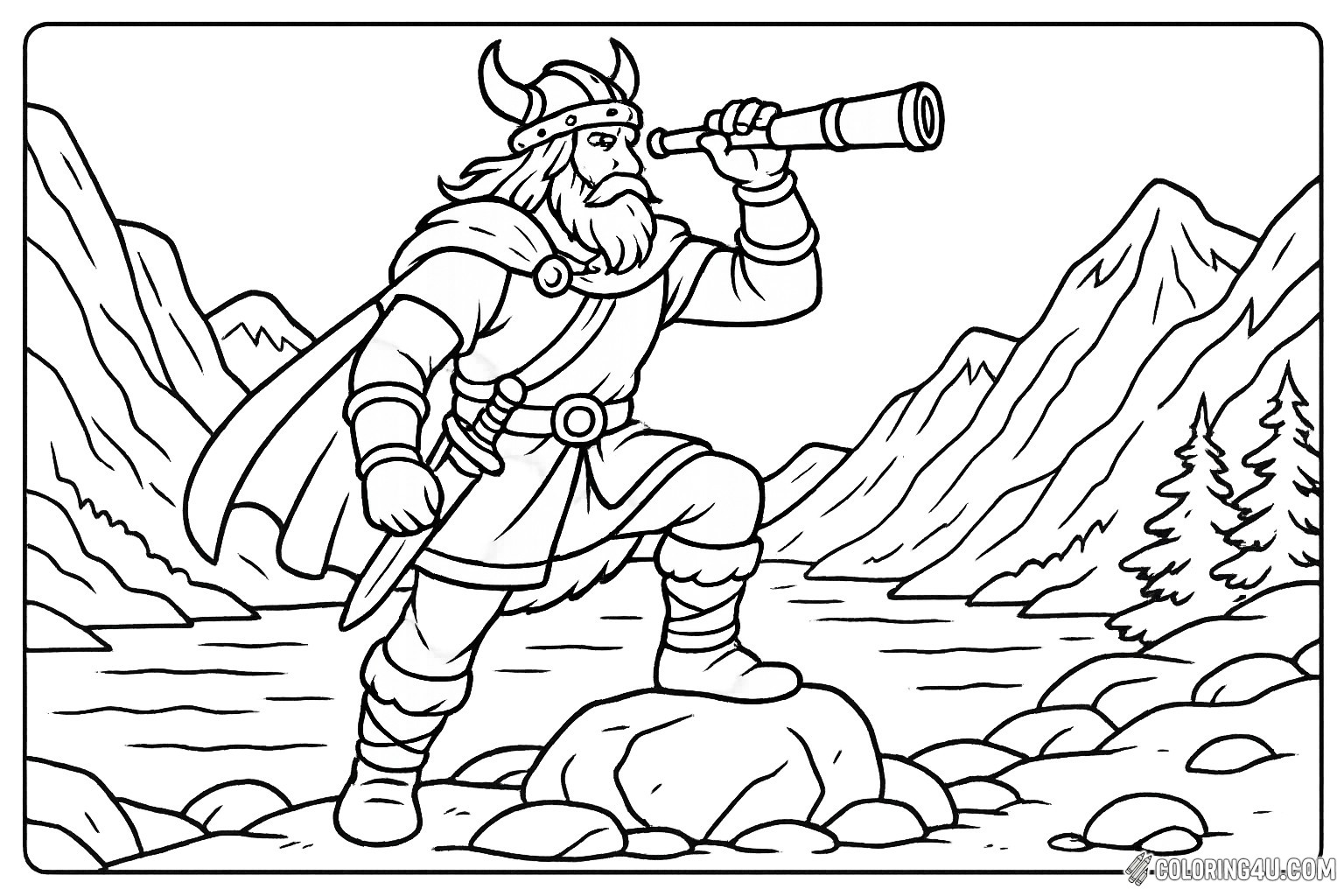 A brave Viking scout stands tall on a rocky hilltop, peering through a telescope to survey the vast landscape before him. Dressed in traditional Viking attire, complete with a horned helmet and a flowing cape, he exudes strength and determination. The backdrop features majestic mountains and a serene river, inviting young artists to bring this adventurous scene to life with vibrant colors.