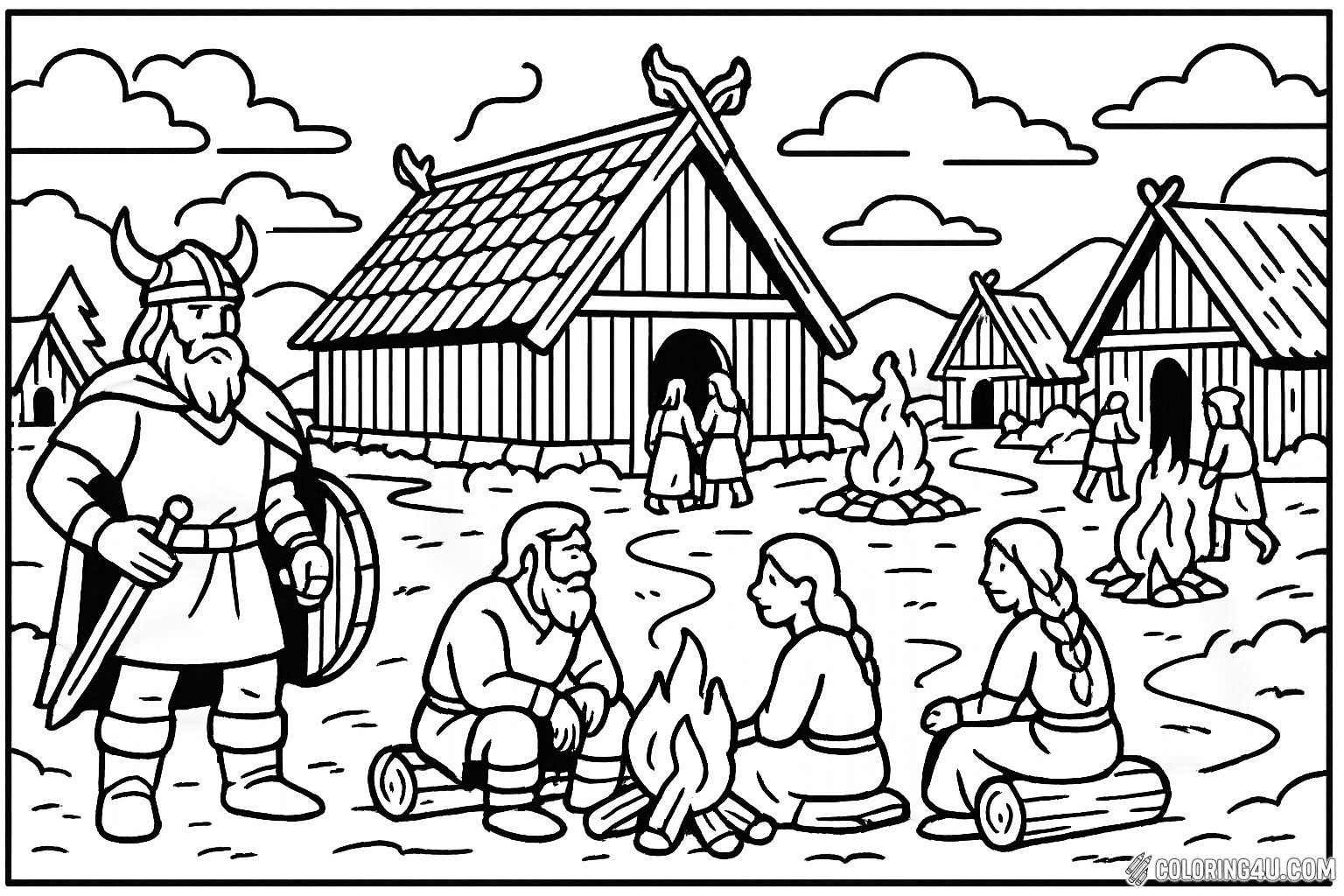 Explore a lively Viking village scene filled with longhouses and crackling fires. A strong Viking stands guard, while villagers gather around a warm fire, sharing stories and laughter. In the background, women approach the longhouse, and children play, creating a vibrant atmosphere. Color the details of this bustling community and bring the Viking spirit to life!
