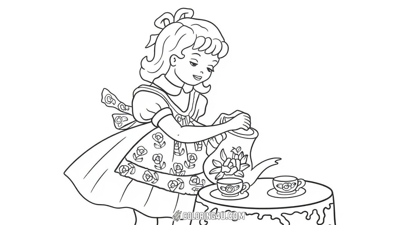 Vintage Girl Pouring Tea At Floral Table Coloring