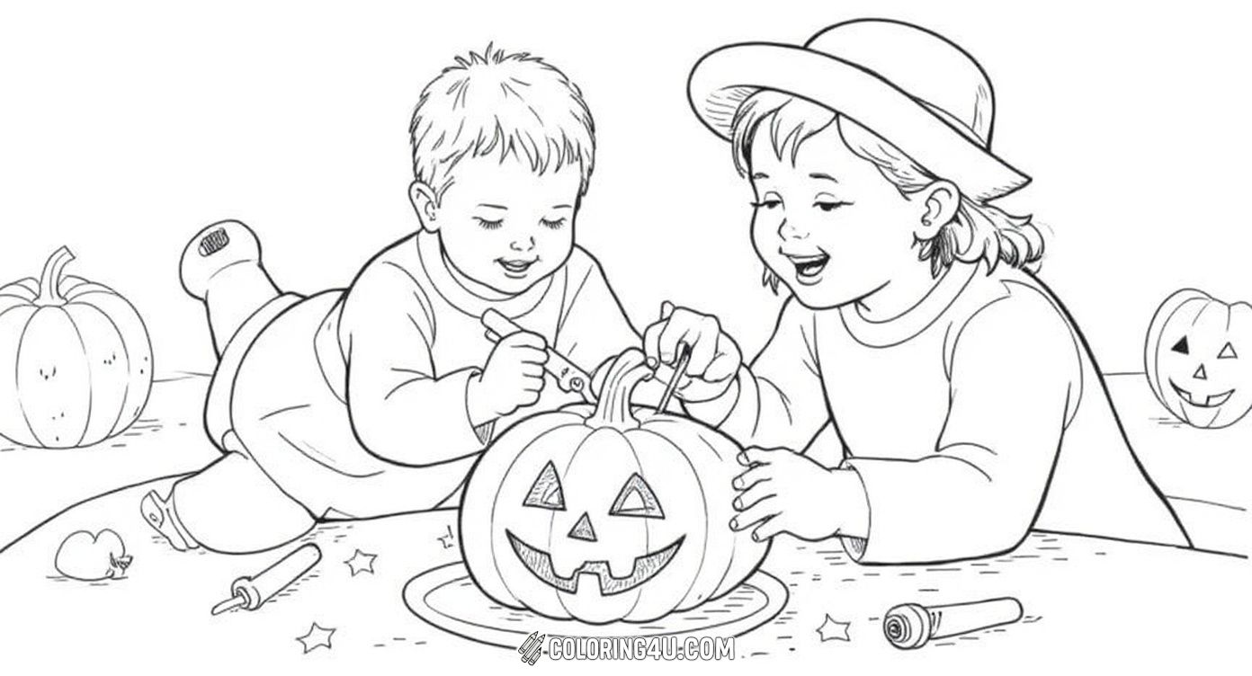 Vintage Kids Halloween Pumpkin Carving Coloring