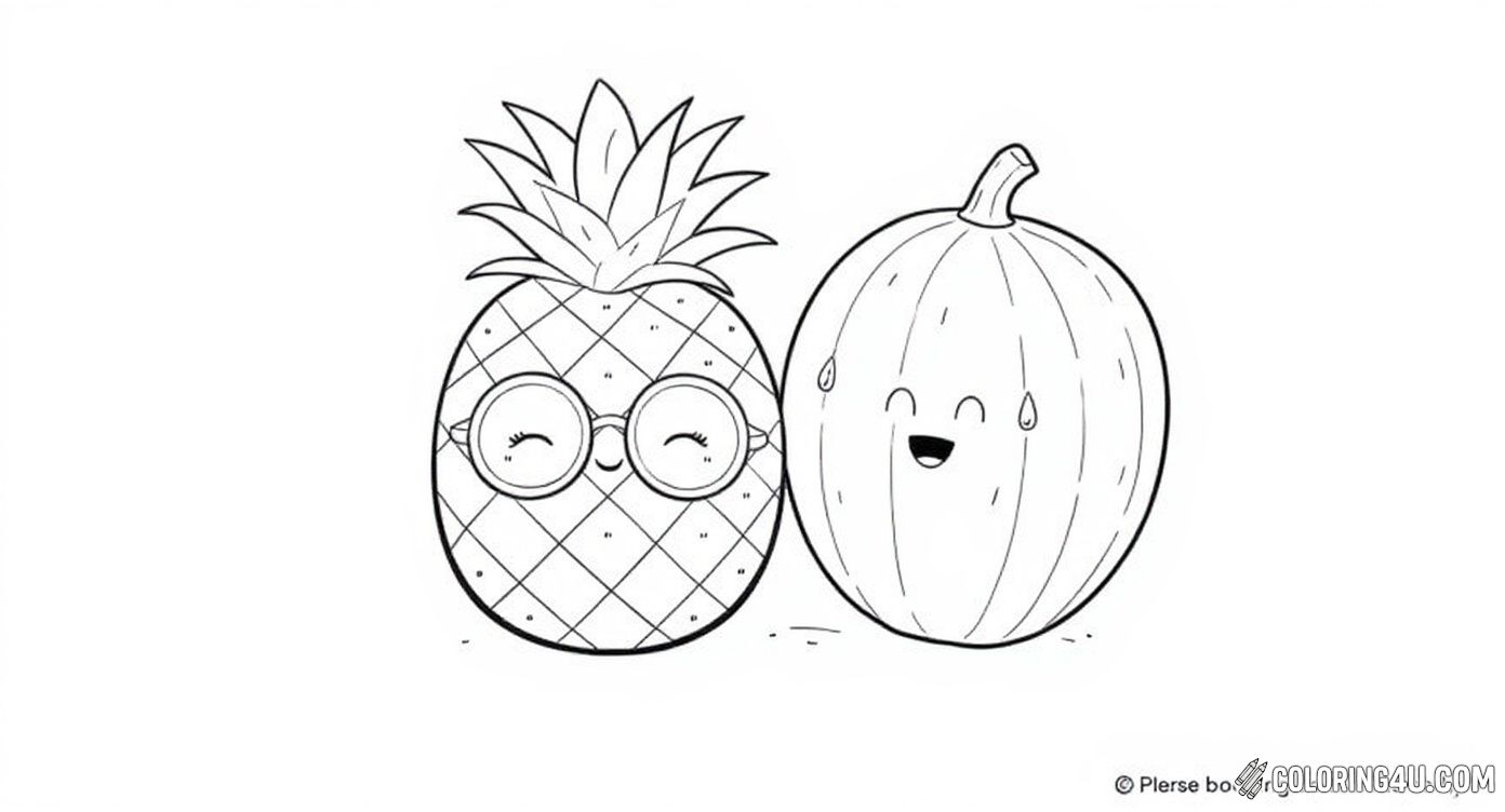 Join the fun with this adorable coloring page featuring a happy pineapple wearing stylish round glasses and a pretty flower, alongside a cheerful watermelon slice with big smiles. Perfect for kids to bring these cute fruit friends to life with vibrant colors!