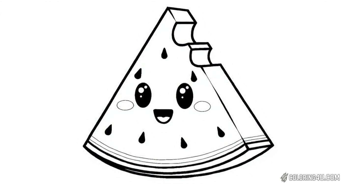 Get ready to color this charming slice of watermelon with big sparkling eyes and a joyful smile, complete with a funny bite taken out of the top. This playful design invites kids to add their favorite bright colors and have fun with this sweet fruity character.