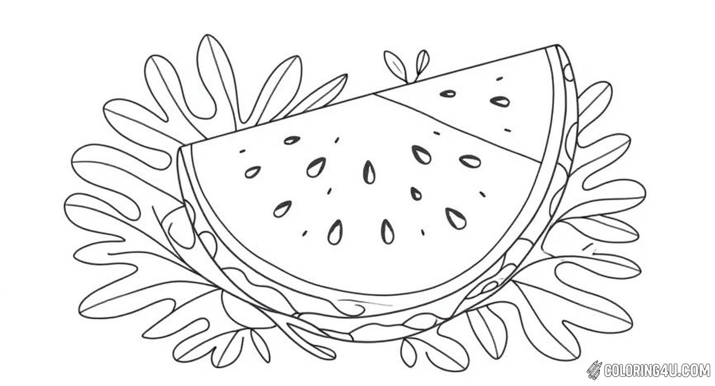 Watermelon Slice With Leaves Nature Coloring Page