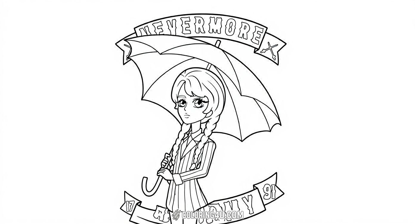 Here is a charming coloring page of Wednesday Addams holding an umbrella under a banner that reads Nevermore Academy. Kids can use their imagination to add colors to her striped outfit, the umbrella, and the mystical background in this fun and creative scene.