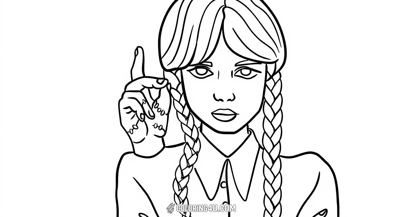 This fun coloring page features a close-up portrait of Wednesday Addams with her signature braided hair and a serious expression. Kids can enjoy coloring her intense gaze and classic outfit in this iconic pose inspired by the beloved character from the Addams Family.
