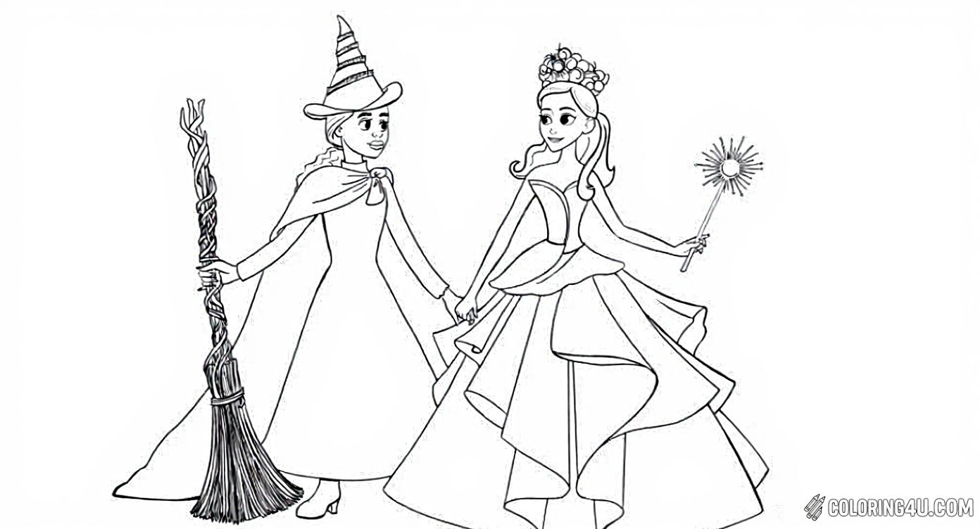 Bring magic and friendship to life by coloring Elphaba and Glinda holding hands in this delightful picture from Wicked. Elphaba carries her broom and wears a tall hat, while Glinda sparkles with her elegant dress and shining wand. A perfect page for fans of kind witches and adventure!