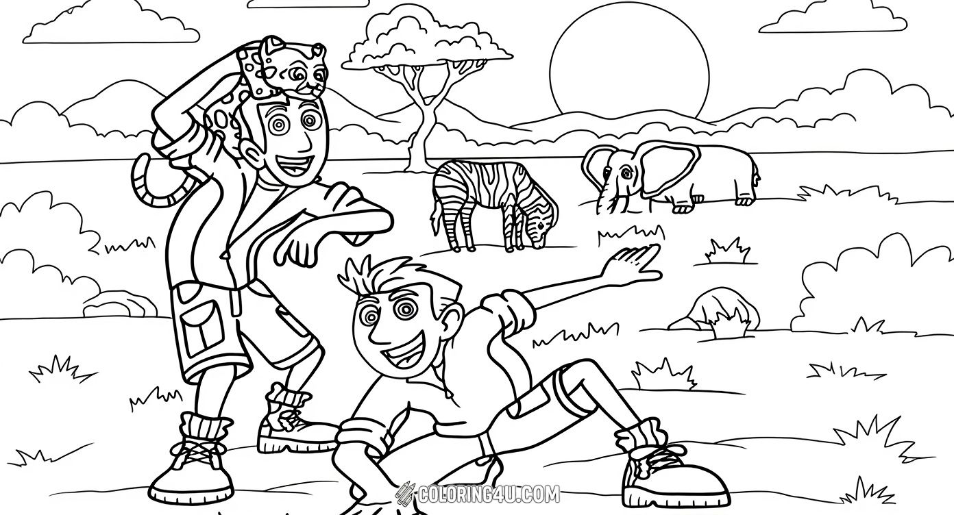 Join Chris and Martin from Wild Kratts on a thrilling safari adventure! They are exploring the wild with amazing animals like elephants, zebras, and a playful leopard cub. This fun coloring page invites kids to bring the African savanna to life with vibrant colors and exciting details.