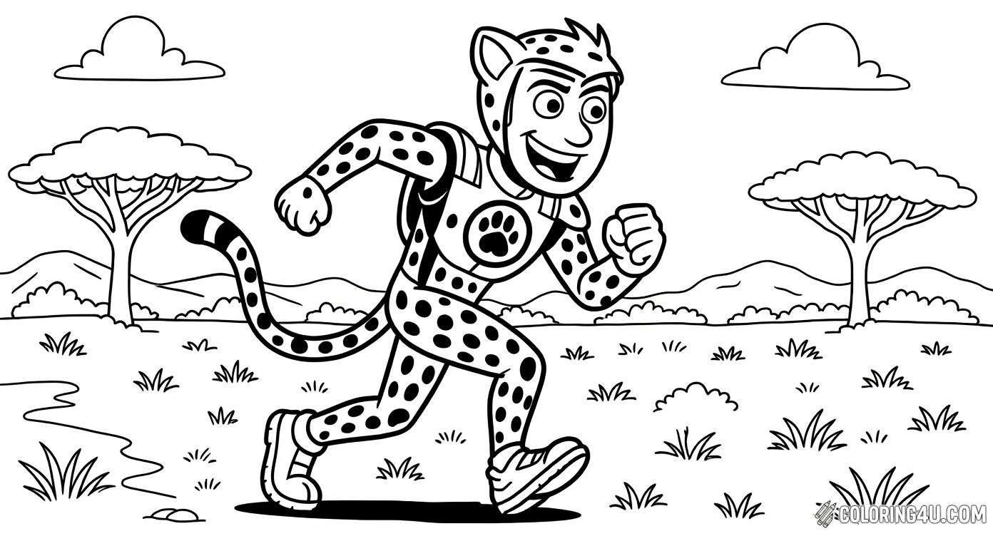 Watch Chris Kratt in his cheetah suit sprinting across the savannah with speed and excitement! This energetic coloring page captures the essence of the cheetah's amazing agility and speed, inspiring kids to learn about this incredible animal while enjoying a fun coloring adventure.
