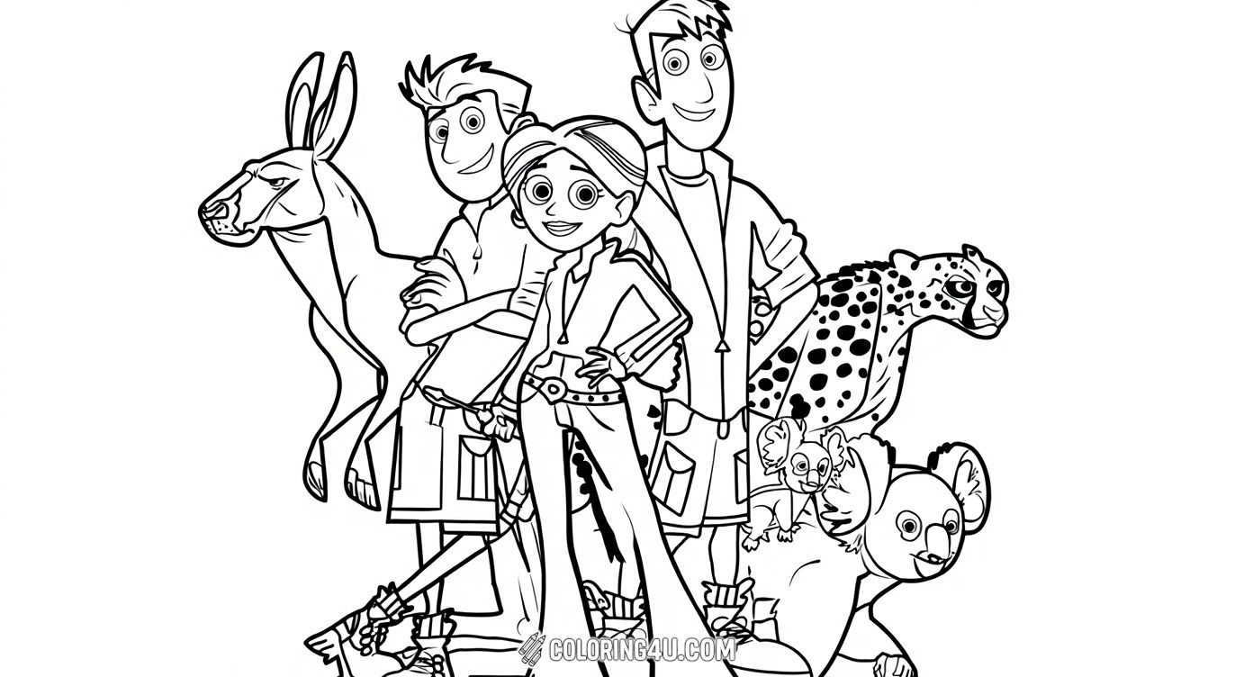 Meet the Wild Kratts team including Chris, Martin, and Aviva, standing confidently with incredible wildlife friends like a kangaroo, cheetah, koalas, and a purple bat. This interactive coloring page sparks imagination and encourages kids to learn about animals while coloring their favorite characters and creatures.