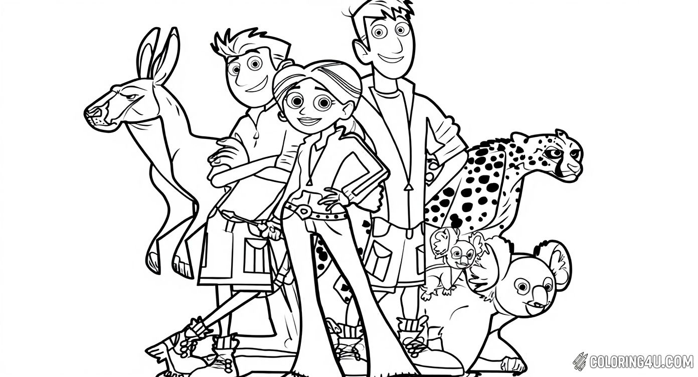 Color the fearless Wild Kratts team alongside amazing animals like a kangaroo, a cheetah, and adorable creatures like a koala and a possum. This exciting scene invites kids to bring to life the thrilling world of animal exploration and teamwork in a fun and engaging way.