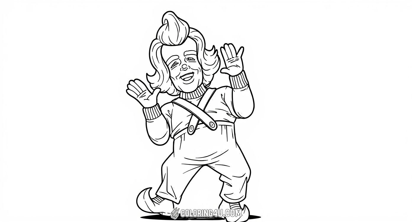 Get ready to add vibrant colors to this cheerful Oompa Loompa dancing happily! This coloring page features the lovable character from Willy Wonka, smiling and waving with enthusiasm. Perfect for kids to bring joy and creativity to the magical world of candy factories.