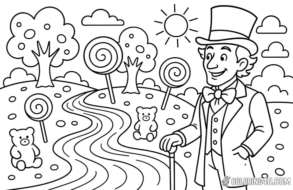A whimsical scene featuring Willy Wonka standing beside a flowing river made of colorful candy. The river is dotted with giant lollipops and gummy bears along the banks. In the background, candy trees and a bright, sunny sky create a magical atmosphere. Willy is depicted wearing his iconic top hat and coat, smiling as he admires the sweet landscape. This coloring page invites creativity with plenty of elements to color.