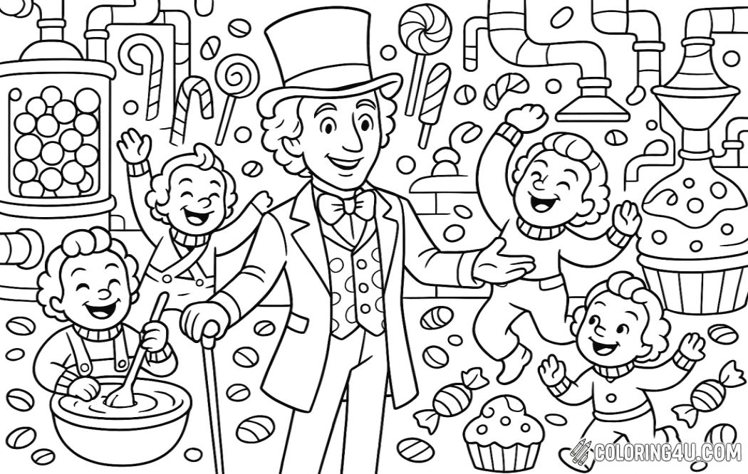 A whimsical scene featuring Willy Wonka surrounded by a group of cheerful Oompa Loompas in a vibrant candy factory setting. The image showcases various candy-making machines, colorful sweets, and playful expressions on the characters' faces, capturing the joyful essence of the chocolate world. The Oompa Loompas are engaged in fun activities, such as mixing ingredients and dancing, creating an inviting and imaginative atmosphere for coloring.