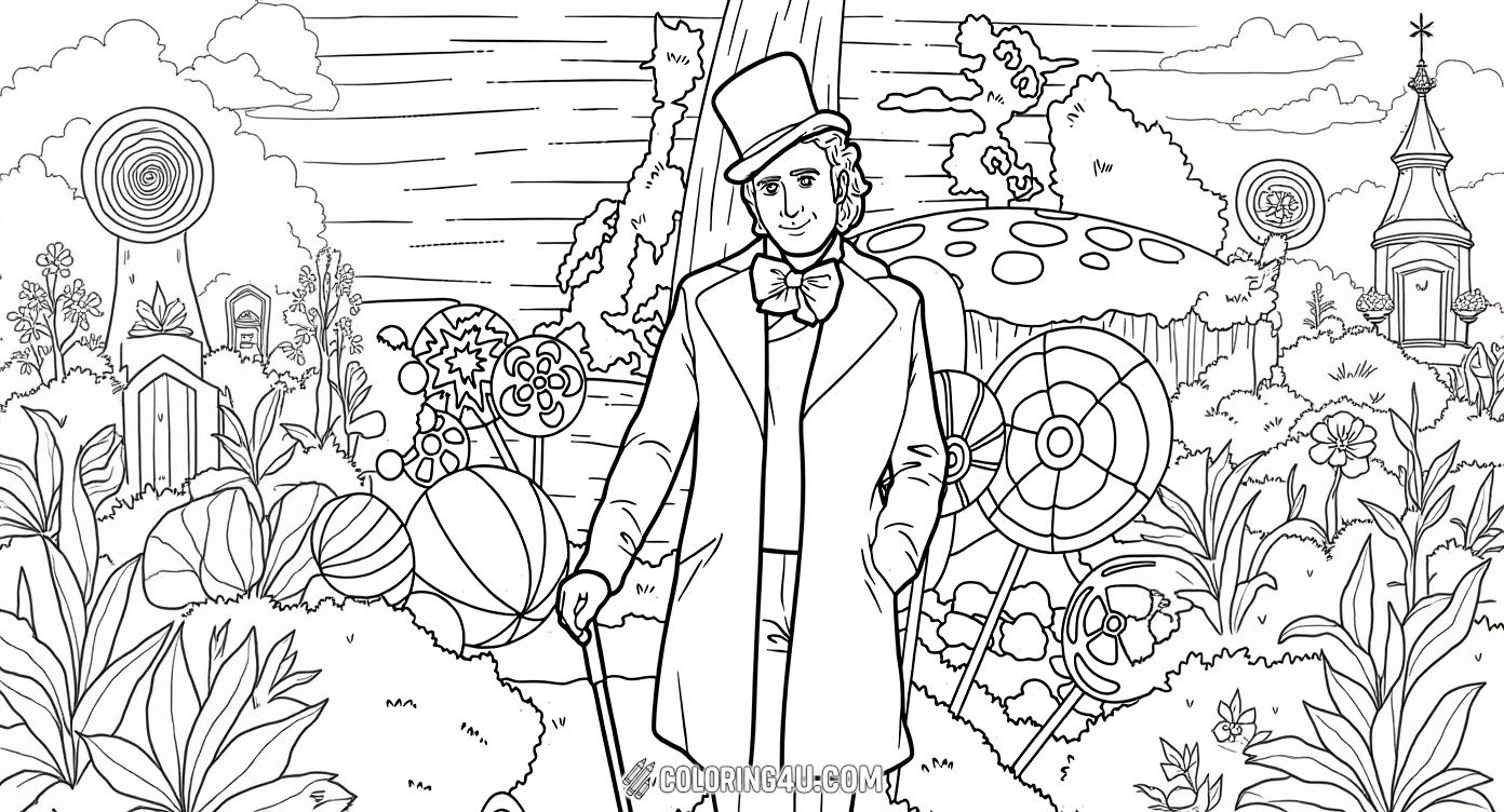Step into the enchanting candy garden with Willy Wonka himself standing amidst giant lollipops and whimsical plants. This delightful coloring page invites kids to color the charming character dressed in his classic top hat and coat, surrounded by a magical landscape full of fun and fantasy.