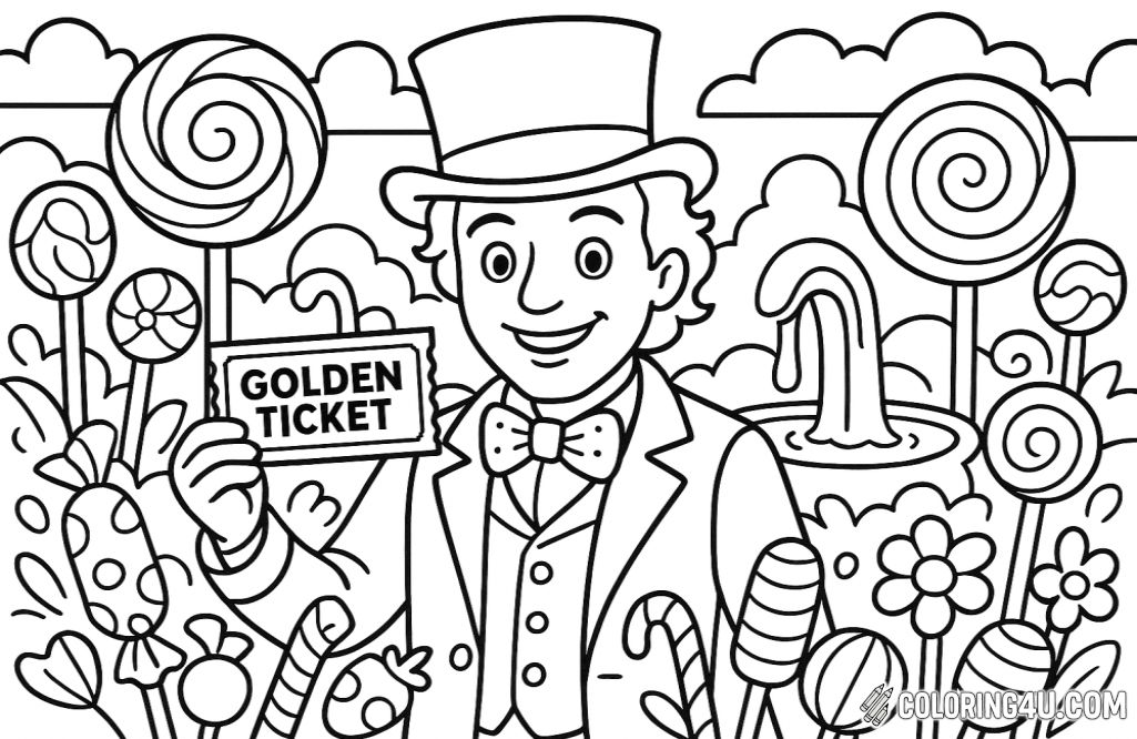 An illustration of Willy Wonka holding a golden ticket in one hand, surrounded by colorful candy and sweets. The background features a whimsical candy garden with oversized lollipops, chocolate fountains, and candy flowers, capturing the enchanting atmosphere of the Chocolate Factory. Willy Wonka is depicted in his iconic purple coat and top hat, smiling as he showcases the coveted golden ticket, inviting viewers into the magical world of confectionery delights.