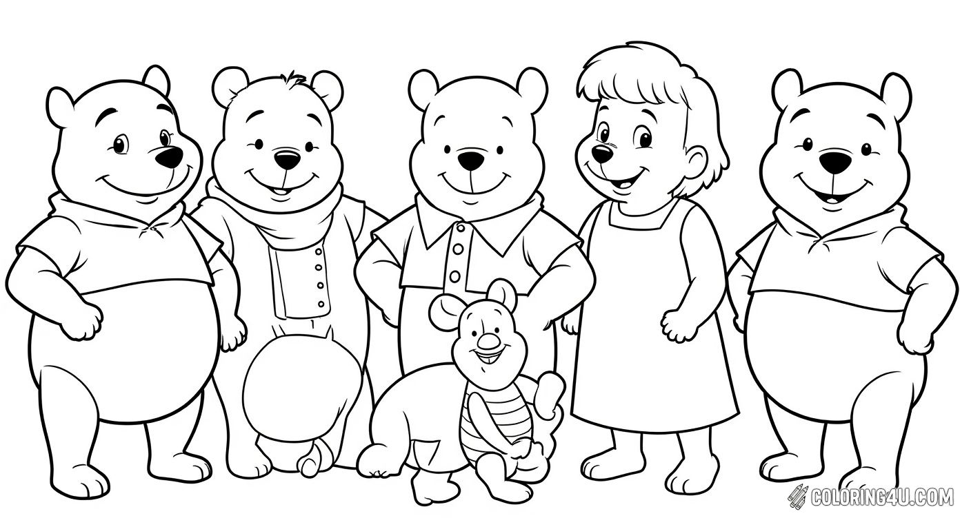 Color a fun group portrait of Winnie the Pooh, Tigger, Eeyore, and Piglet, the beloved characters from the classic Winnie the Pooh stories. This lively scene invites children to bring these friends to life with vibrant colors, encouraging creativity and joyful play.