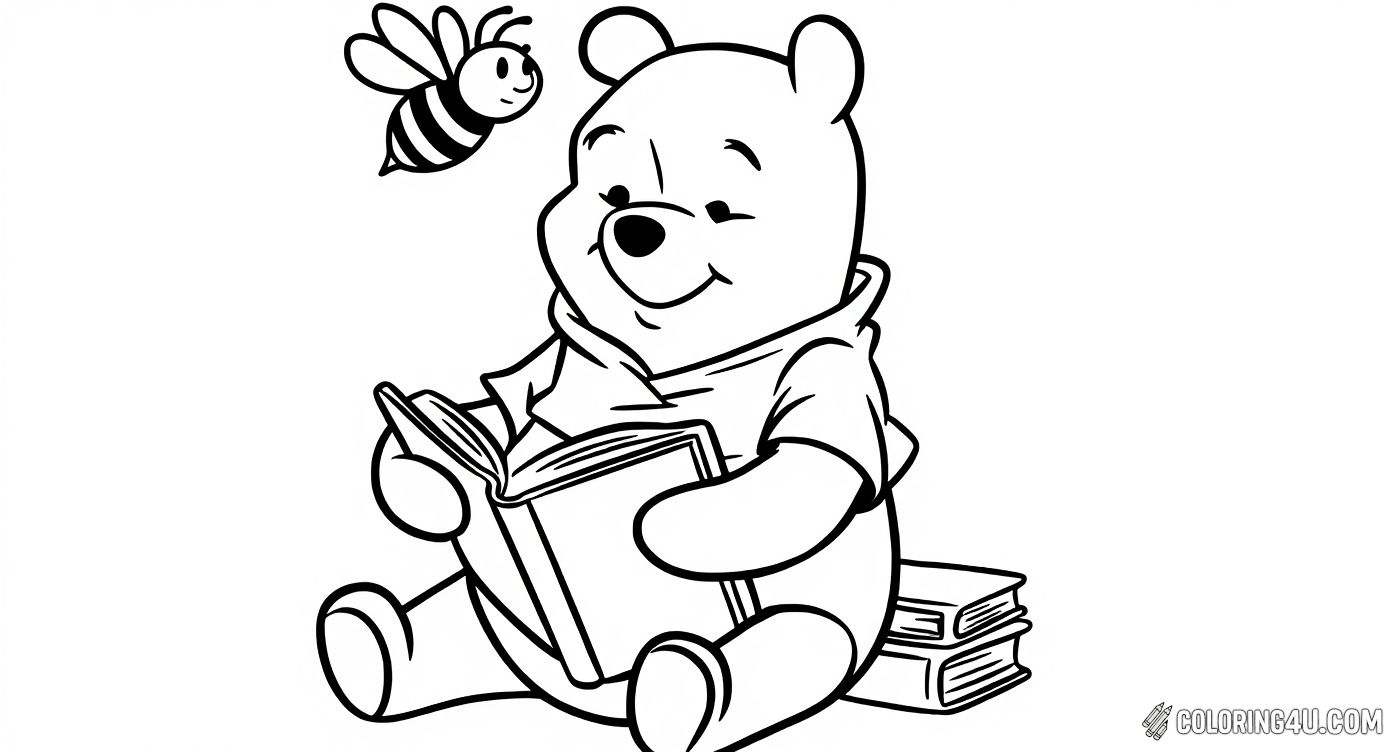 Join Winnie the Pooh, the lovable bear from the Hundred Acre Wood, as he enjoys reading a book with a friendly bee buzzing nearby! This adorable coloring page invites kids to add colorful details to Pooh and his books, sparking imagination and a love for stories.