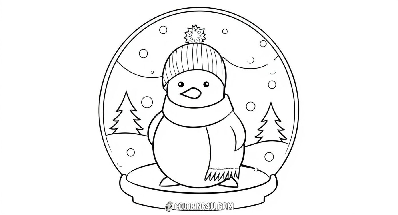This adorable coloring page features a cute penguin wearing a cozy hat and scarf, standing inside a snow globe with snowy trees and snowflakes all around. Kids will love bringing this charming winter scene to life with their favorite colors!
