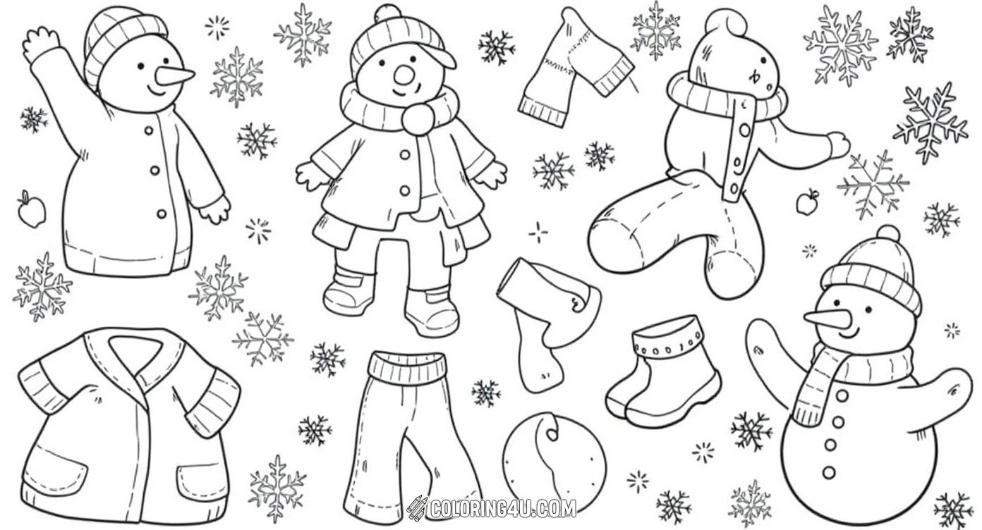 Explore a festive winter page filled with cozy winter accessories like hats, mittens, socks, a sled, and steaming mugs of hot chocolate. There’s also a cheerful snowman and sparkling snowflakes surrounding the word 'WINTER' and the phrase 'LET IT SNOW'. A perfect coloring adventure for kids who love the joys of winter!