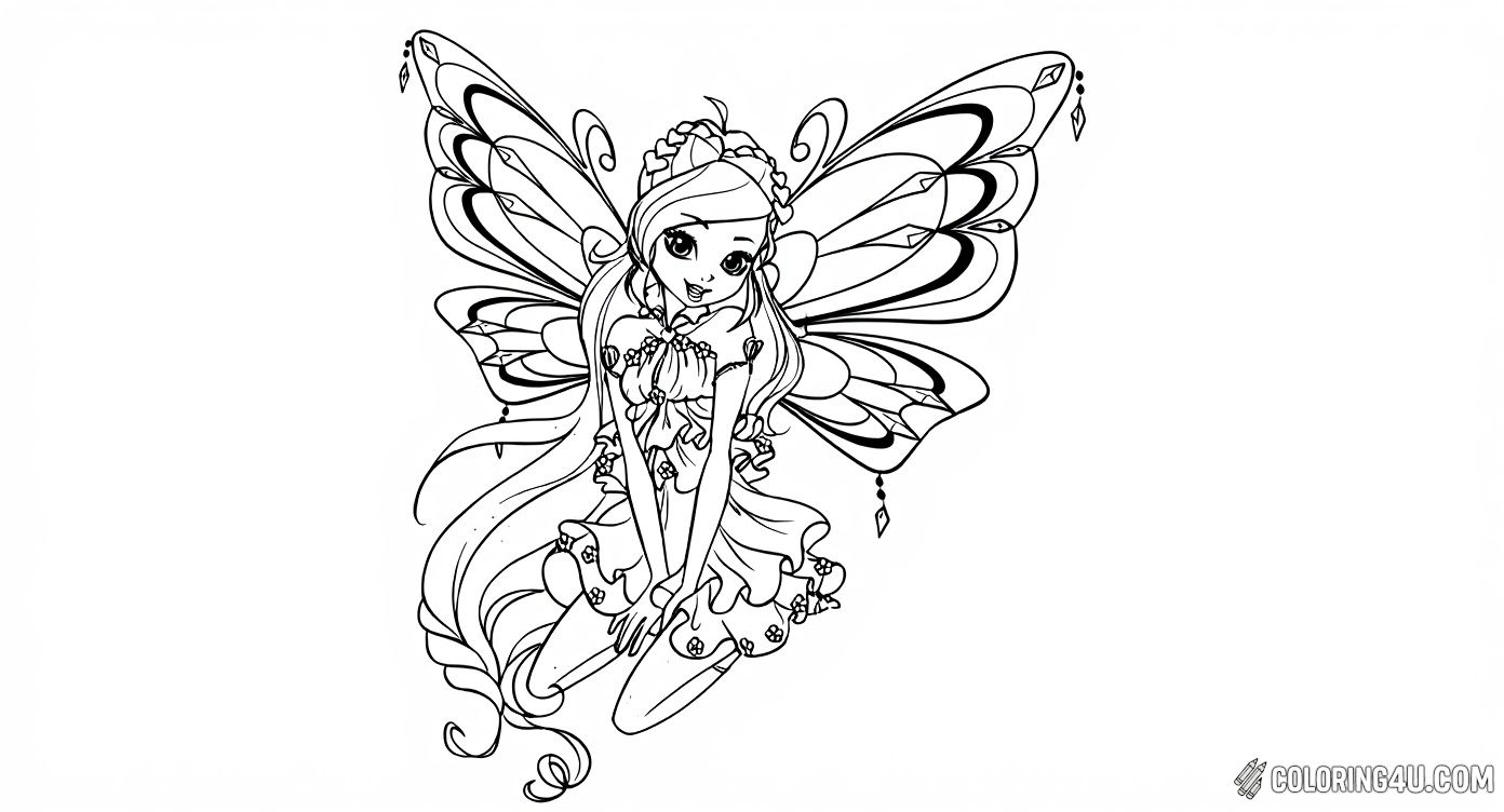 Bring this charming Winx Club fairy to life with your colors! With her flowing hair, lovely dress decorated with flowers, and large detailed wings, she looks ready to take flight in a magical world. A perfect coloring page for fans of whimsical fantasy and fairy magic! [source: Pinterest]