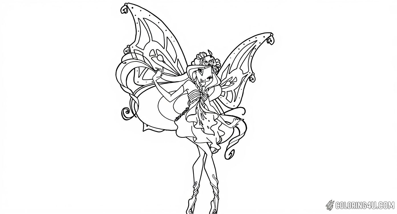 Color this beautiful Winx Club fairy with delicate butterfly wings and a stunning floral dress. She’s gracefully holding one wing, inviting you to add vibrant shades to her magical attire. Perfect for kids who love enchanting fairy tales and magical adventures! [source: Pinterest]
