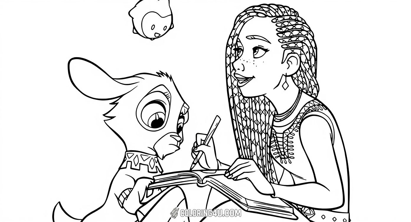 Help Ara from Disney's Wish and her cute animal friend as they share a special moment filled with creativity and friendship. Kids can color this enchanting scene and bring warmth and joy to the story.